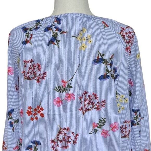 Tribal Jeans Floral Print Blue White Striped Round Split Neck Blouse Top Size L - Picture 10 of 11
